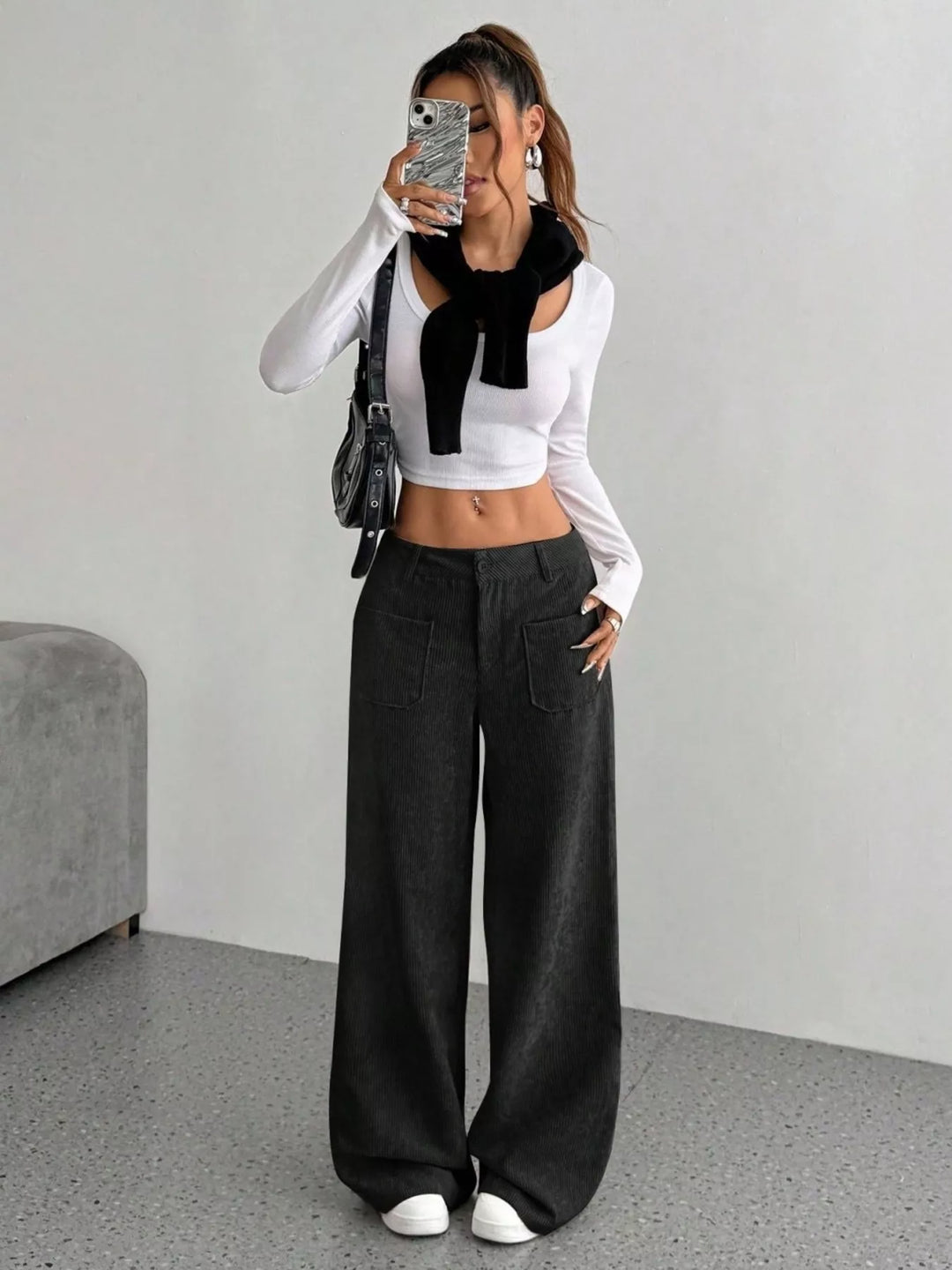 Wide-leg corduroy pants with front patch pockets