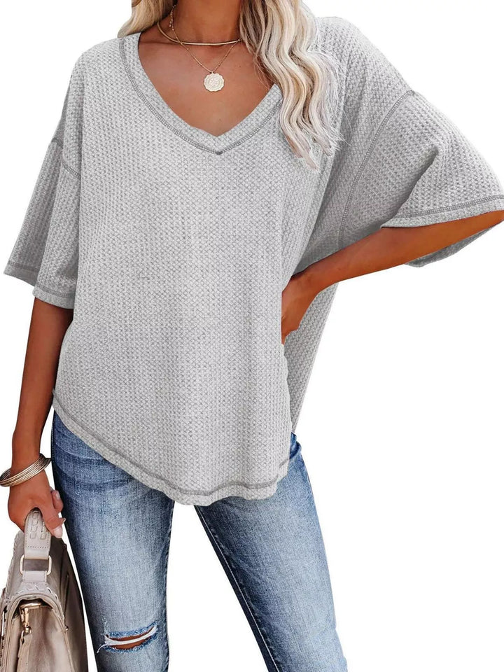 Waffle knit v-neck drop shoulder short sleeve tee