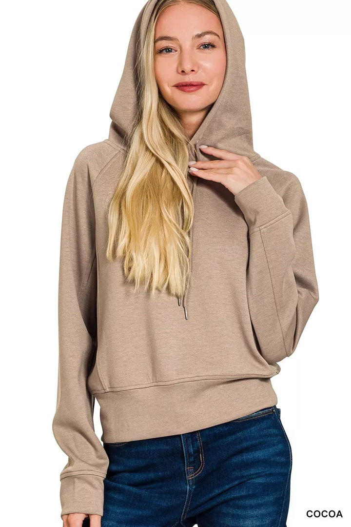 Scuba knit drawstring hoodie with banded hem