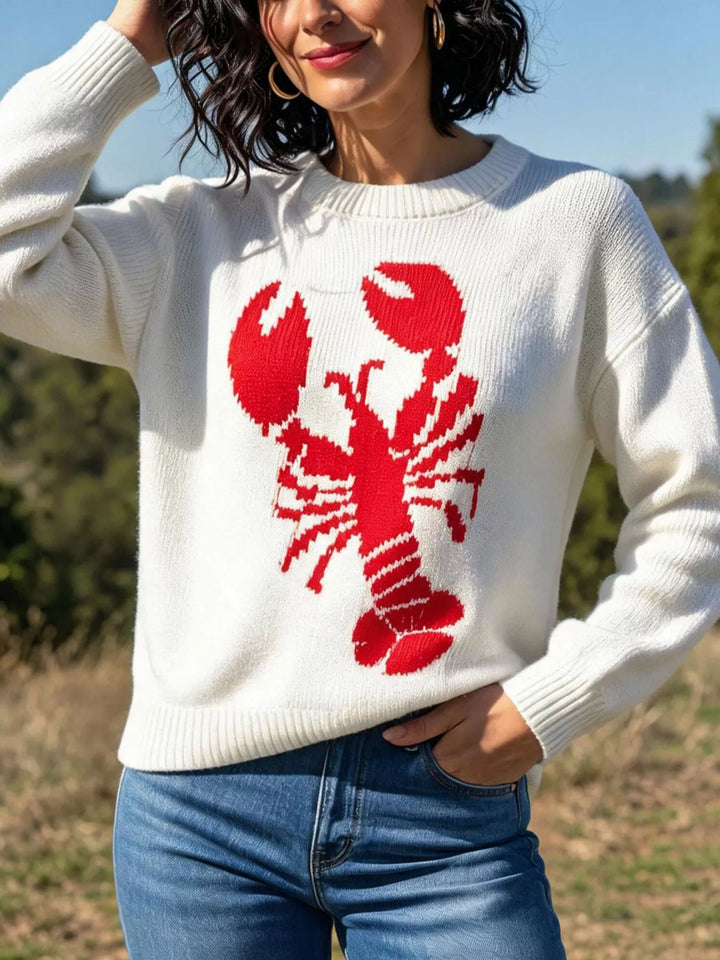 Lobster intarsia knit crew neck sweater with ribbed trim