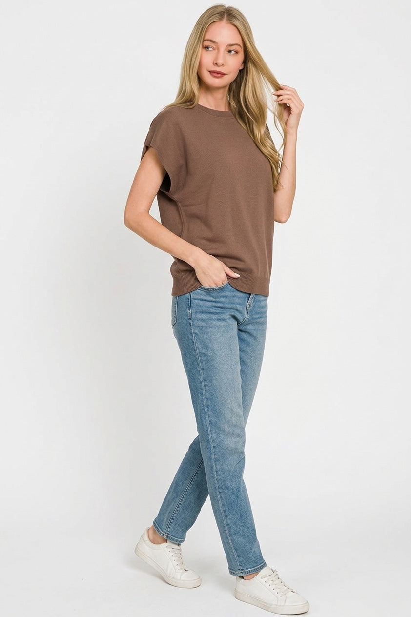 Boxy short sleeve knit sweater top with ribbed trim