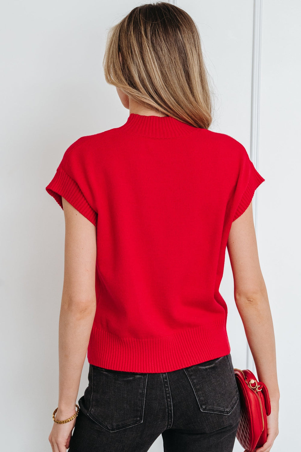 Heart graphic cropped knit sweater with cap sleeves