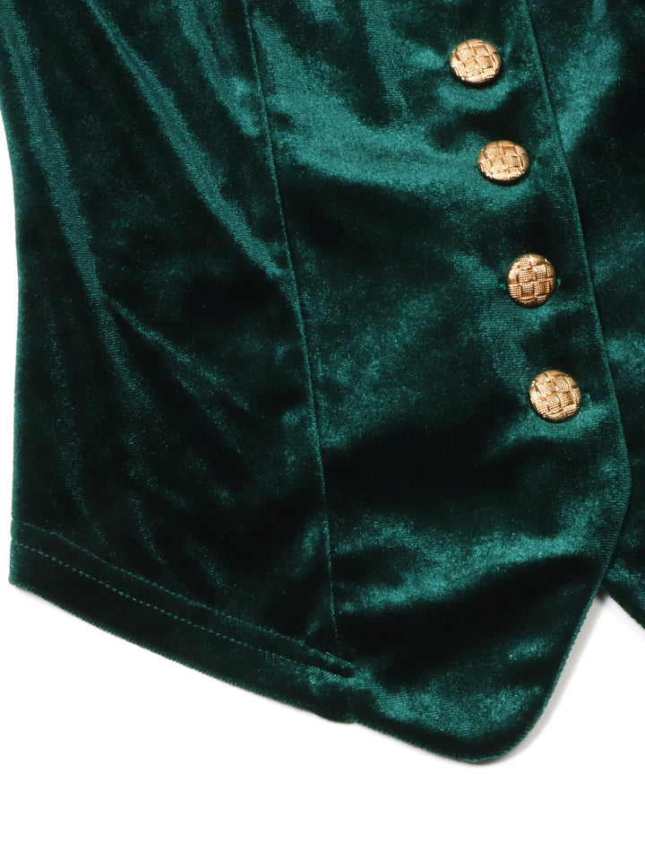 Lace-trim velvet vest top with gold buttons