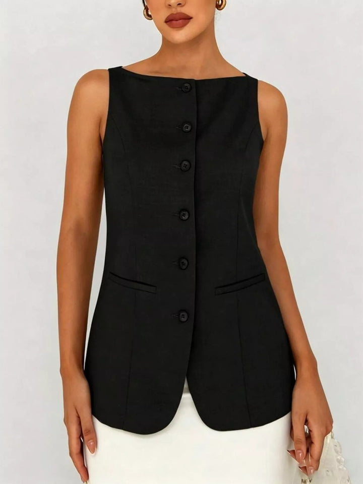 Black Sleeveless button-down tailored vest with welt pockets
