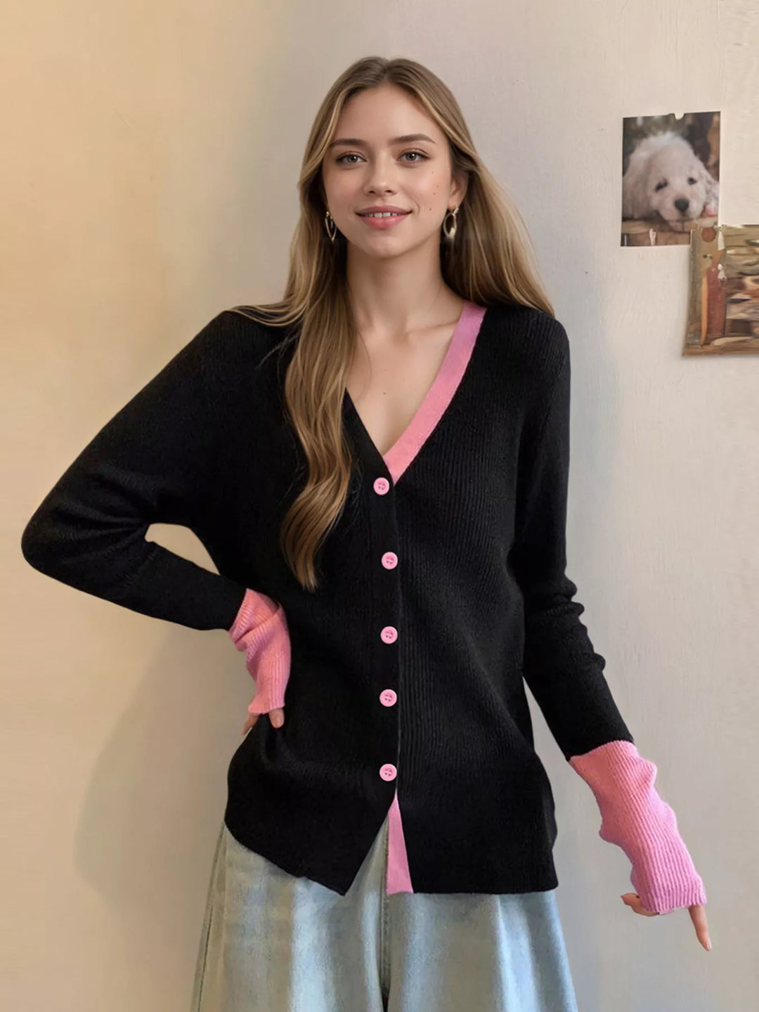 Contrast-trim ribbed knit V-neck button cardigan