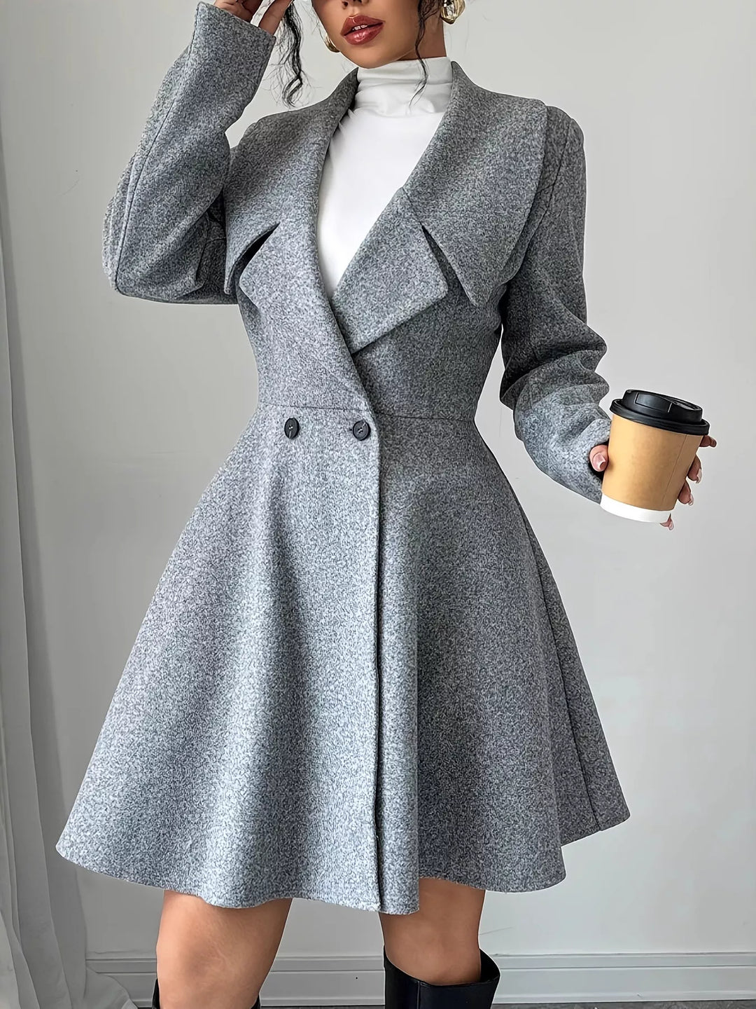 Gray Double-breasted notch lapel fit and flare coat