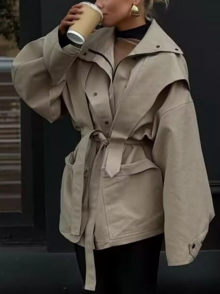 Oversized collar tie-waist snap-front trench coat