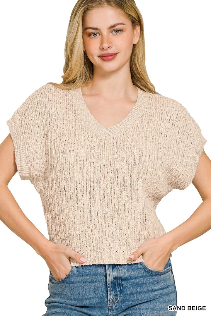 SAND BEIGE Textured knit cropped V-neck pullover with short sleeves