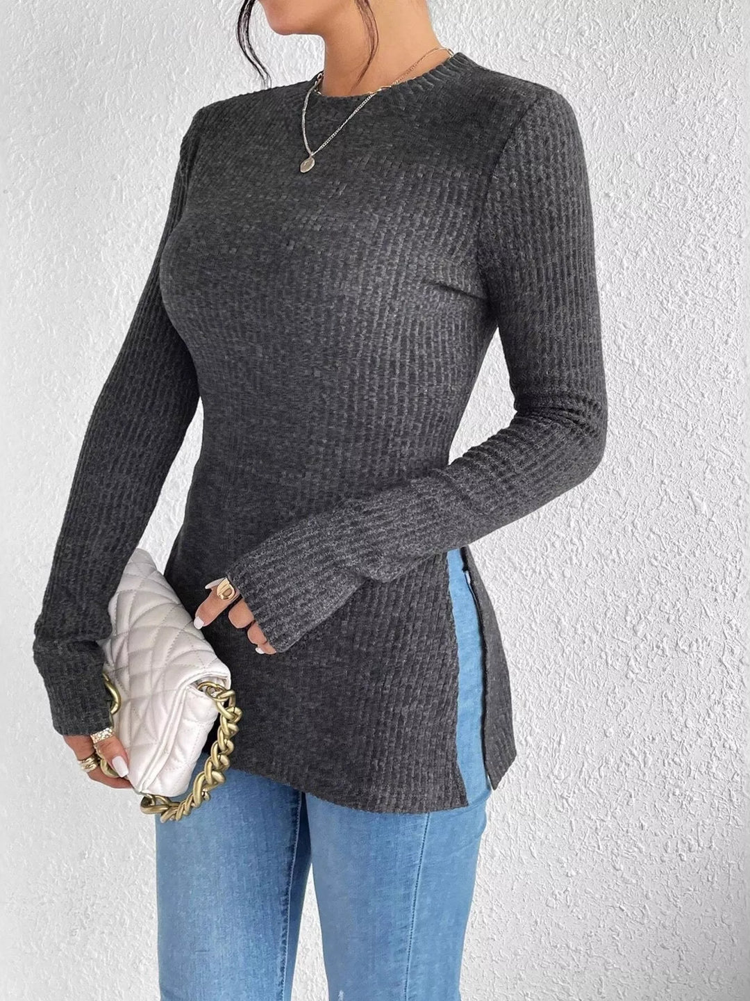 Gray Slit-hem ribbed knit long sleeve top with crew neck