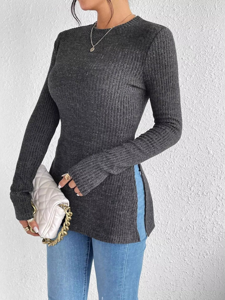 Gray Slit-hem ribbed knit long sleeve top with crew neck