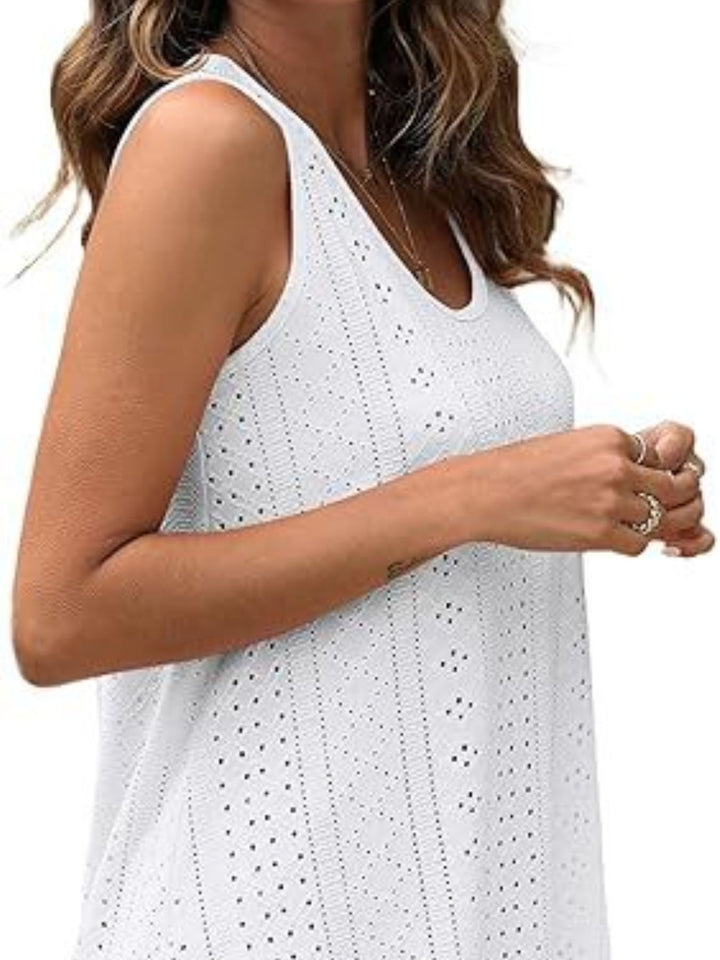 Eyelet knit scoop neck flowy swing tank top