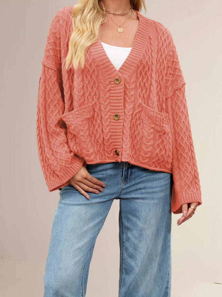 Watermelon Red Cable knit button-front cardigan with patch pockets