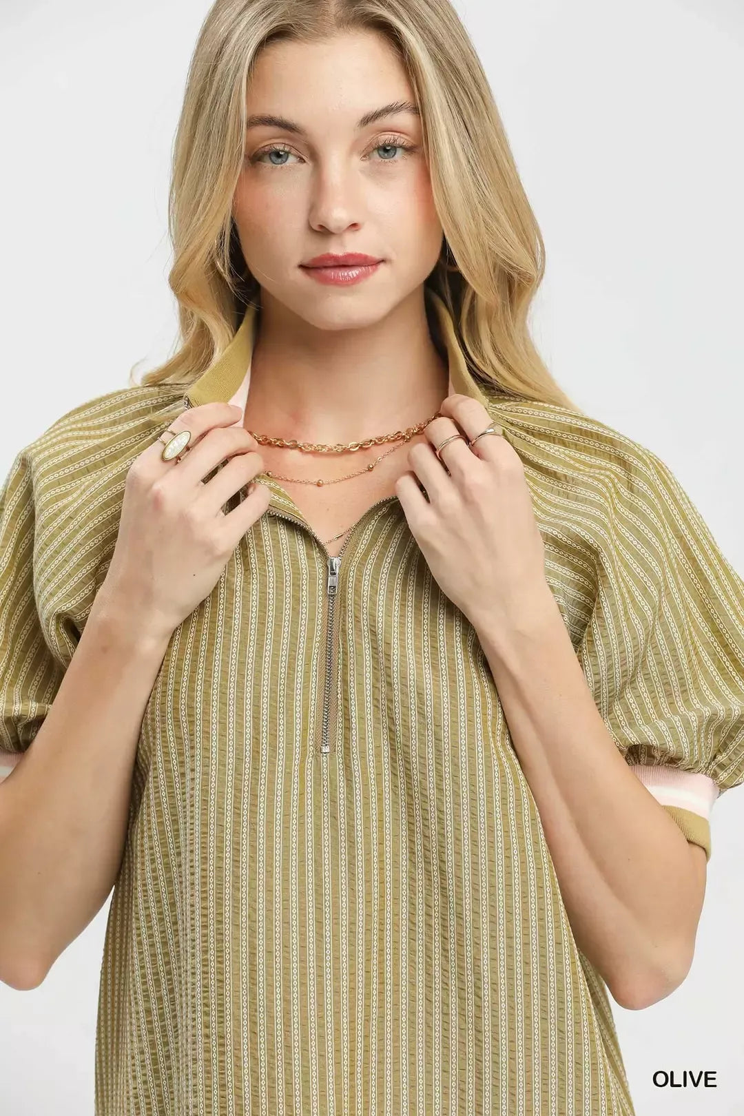 Botanical stripe half-zip blouse with puff sleeves