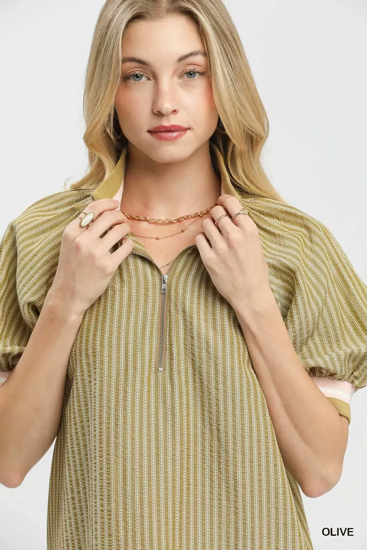 Botanical stripe half-zip blouse with puff sleeves