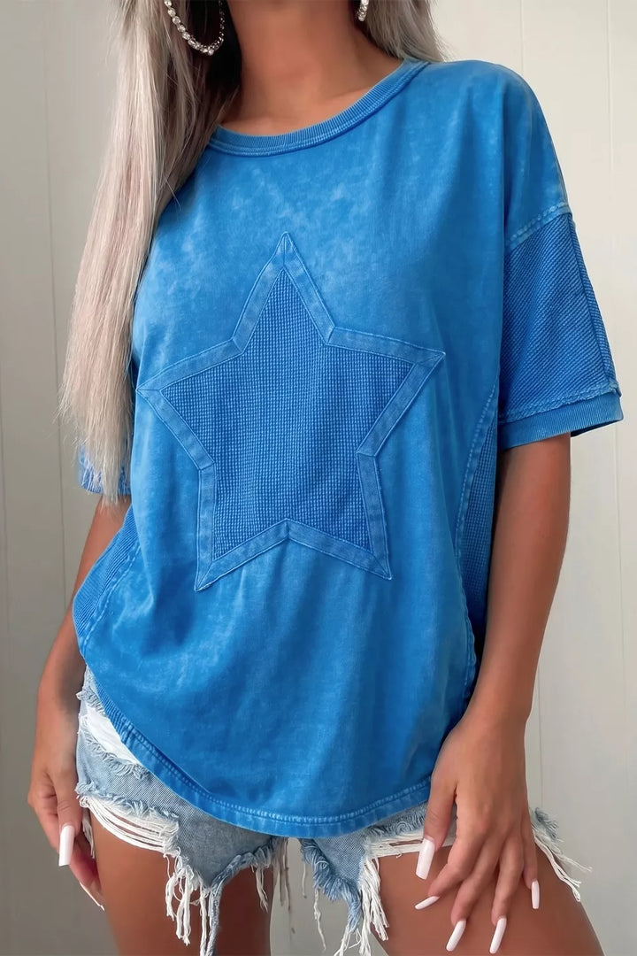 Blue Mineral wash star patchwork oversized tee