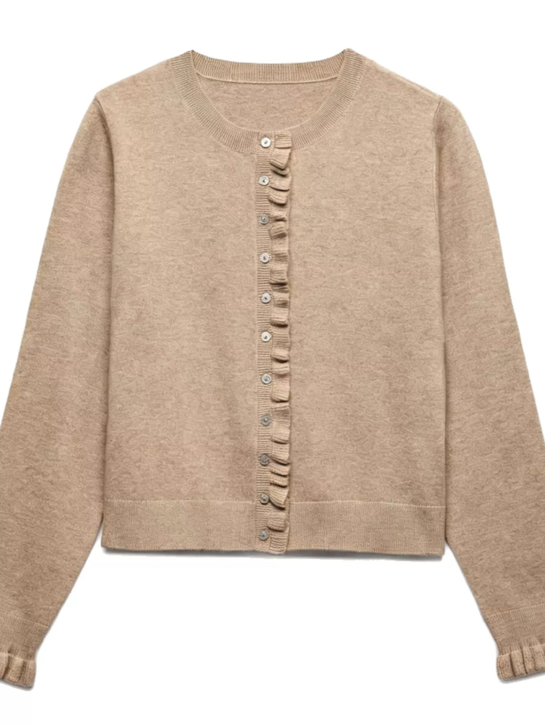 Ruffle placket button-front knit cardigan with ruffle cuffs