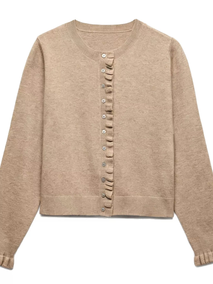 Ruffle placket button-front knit cardigan with ruffle cuffs