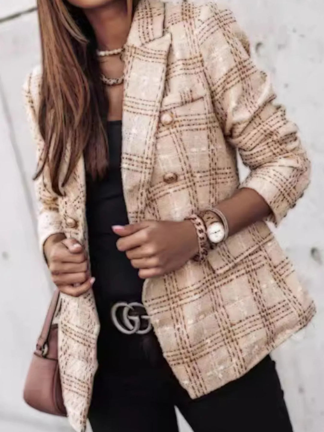 Plaid tweed double-breasted blazer with gold buttons - Burgundy