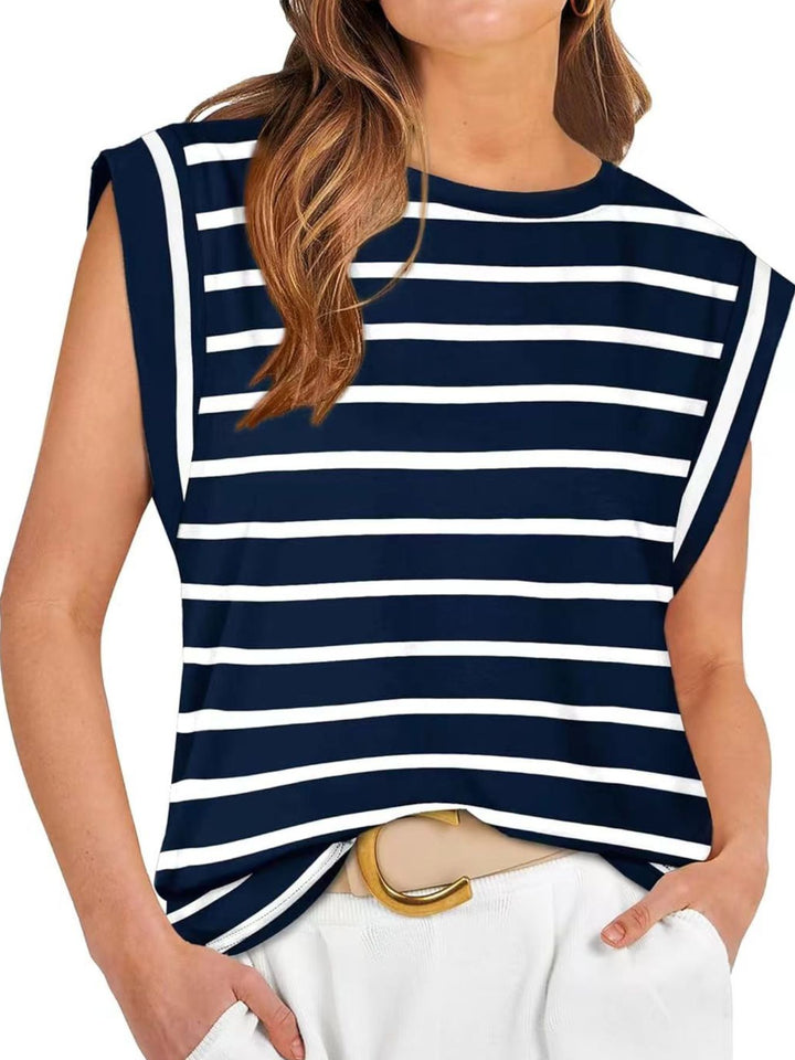 Dark Blue Striped cap-sleeve crew neck muscle tank top