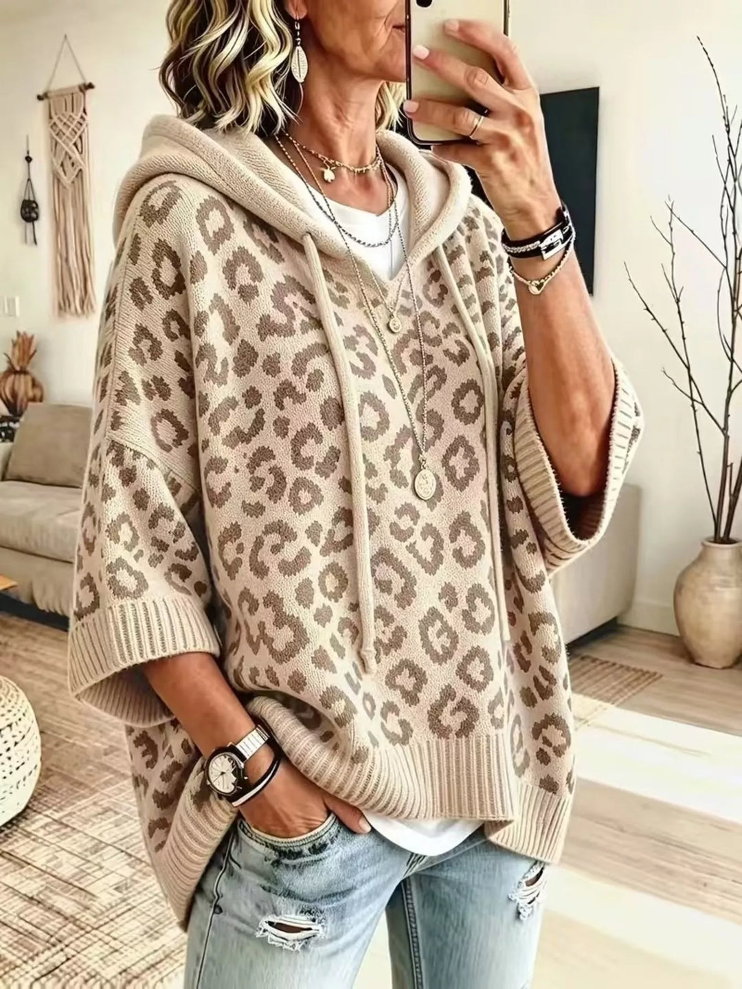 Apricot Leopard print drawstring hooded sweater with dolman sleeves