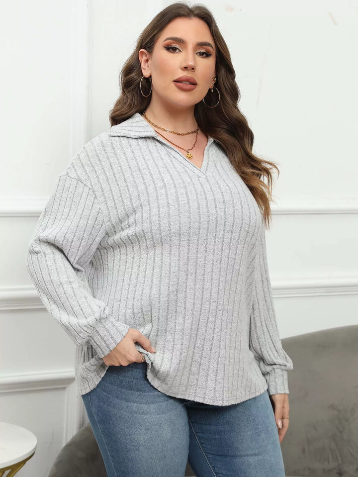 Plus size ribbed knit polo collar long-sleeve top
