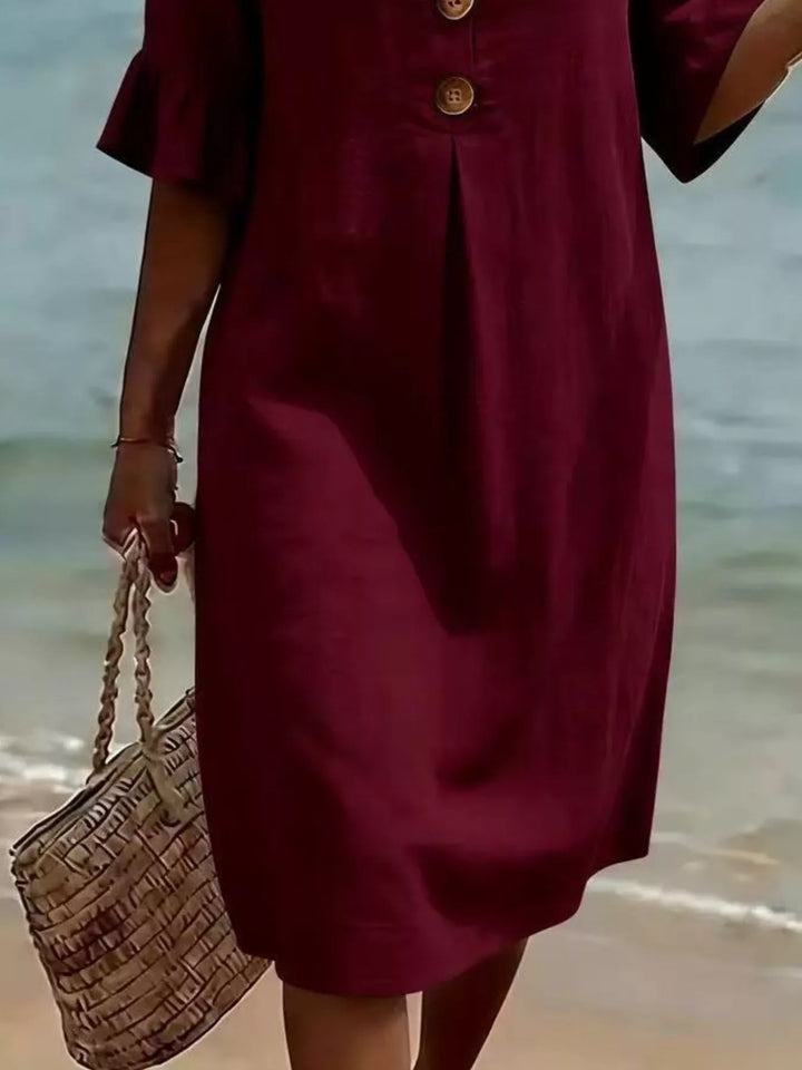 Flounce sleeve button-front pleated midi dress