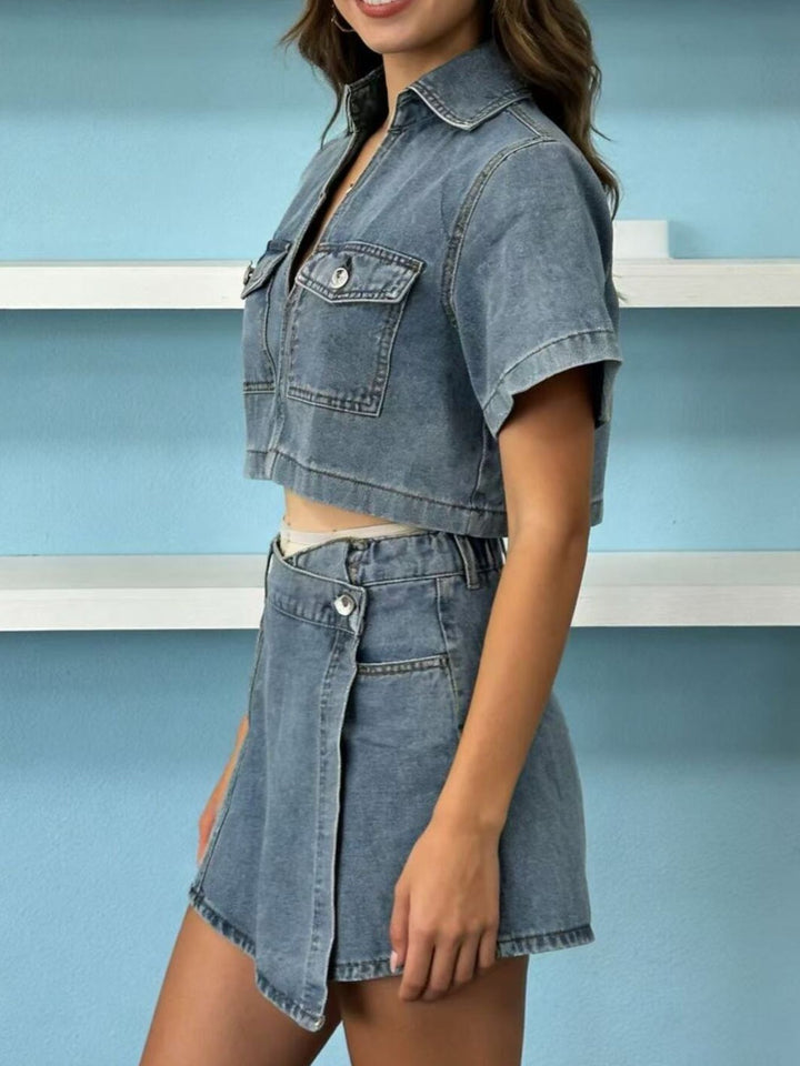 Cropped denim button-up top and mini skort set
