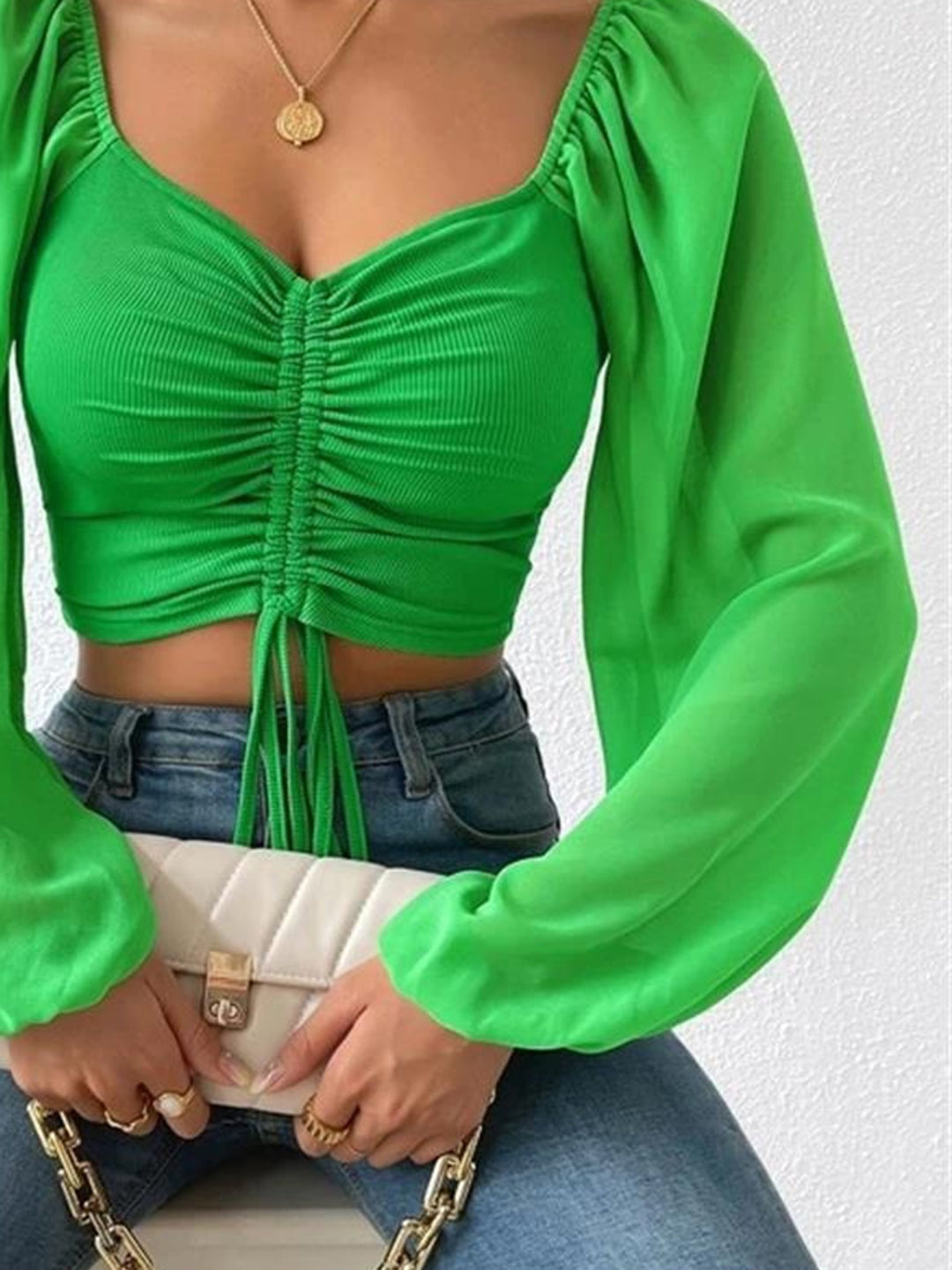Drawstring sweetheart neck crop top with sheer sleeves
