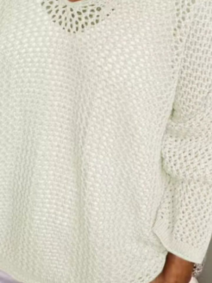 Openwork knit hooded pullover cover-up with V-neck
