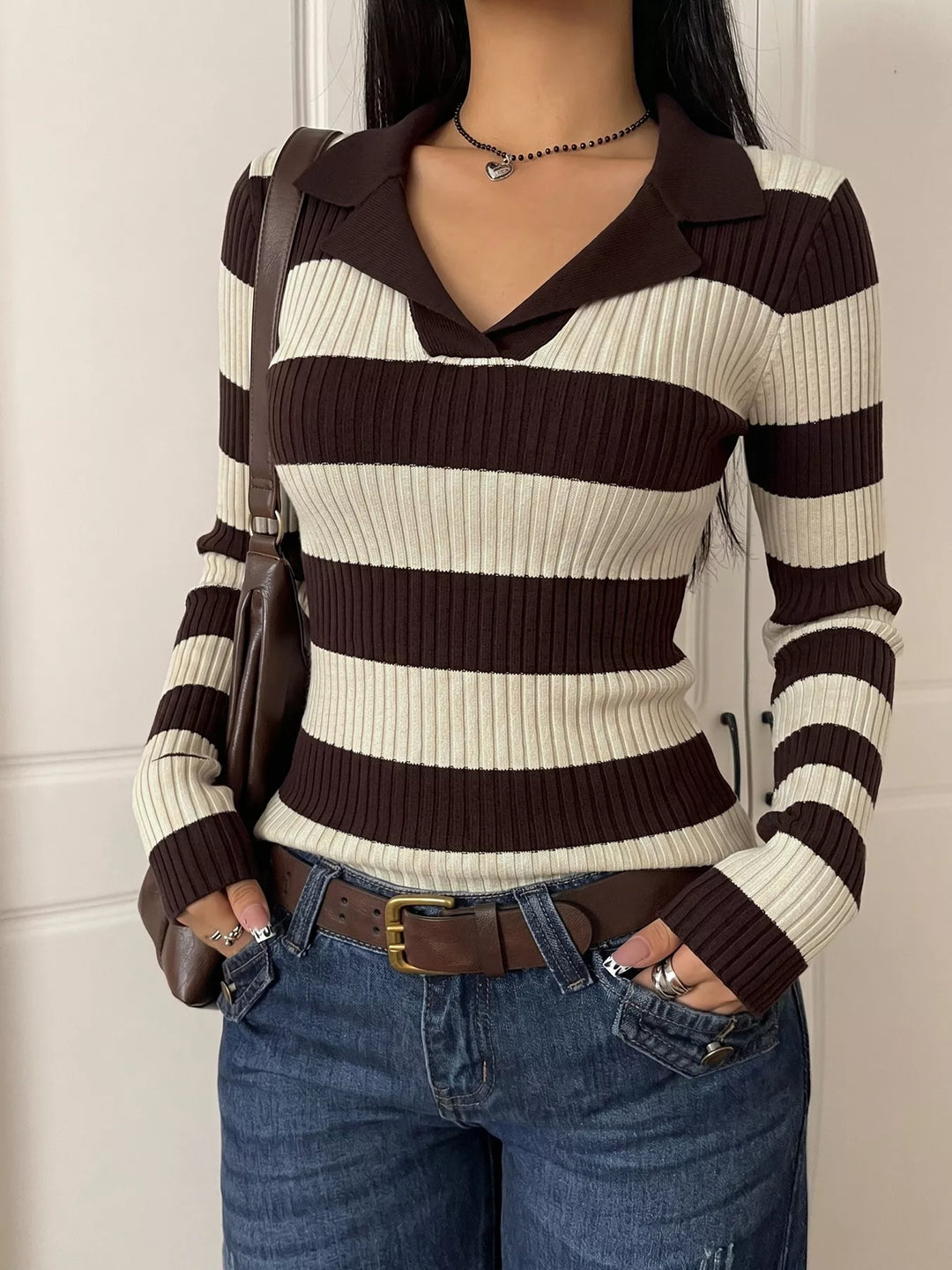 Striped ribbed knit polo collar long sleeve top
