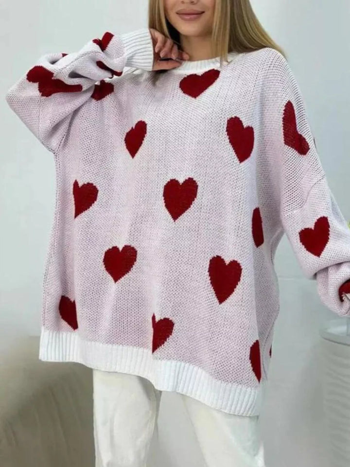 Red Oversized heart-print knit sweater with drop shoulders
