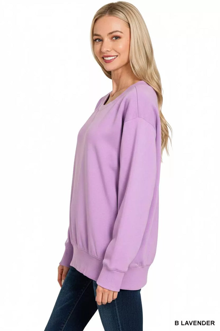 Fleece boat neck sweatshirt with ribbed cuffs and hem