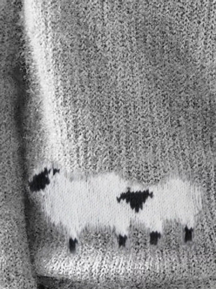 Sheep motif crew neck knit sweater with ribbed trim