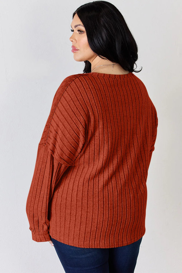 Ribbed knit half-button henley long sleeve top