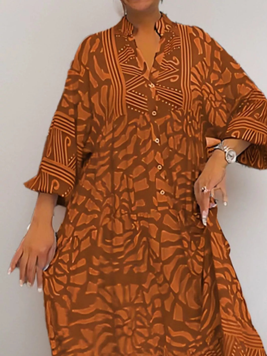 Abstract print button-front tiered midi dress
