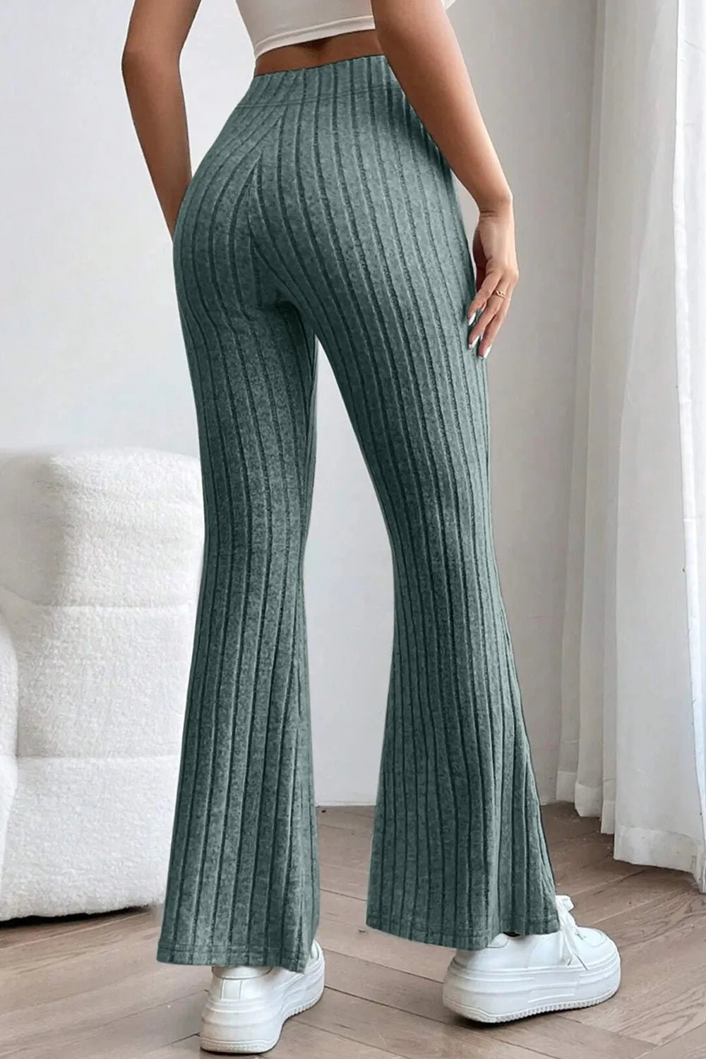 Ribbed knit high-waist flare pants with pull-on waist