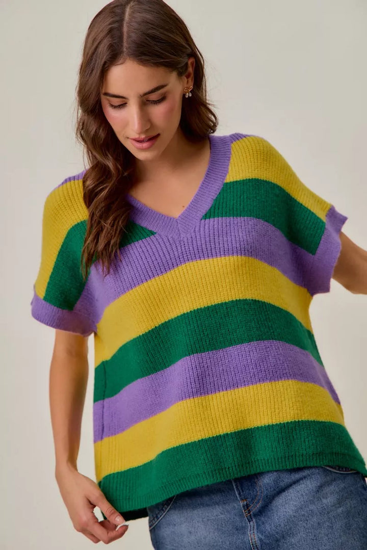 Ribbed striped V-neck short sleeve sweater top