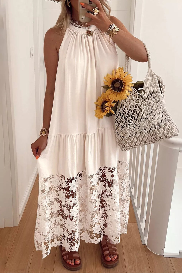 Beige Tiered halter maxi dress with floral lace hem