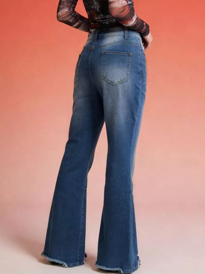 Raw hem high-rise flare jeans with whiskered wash