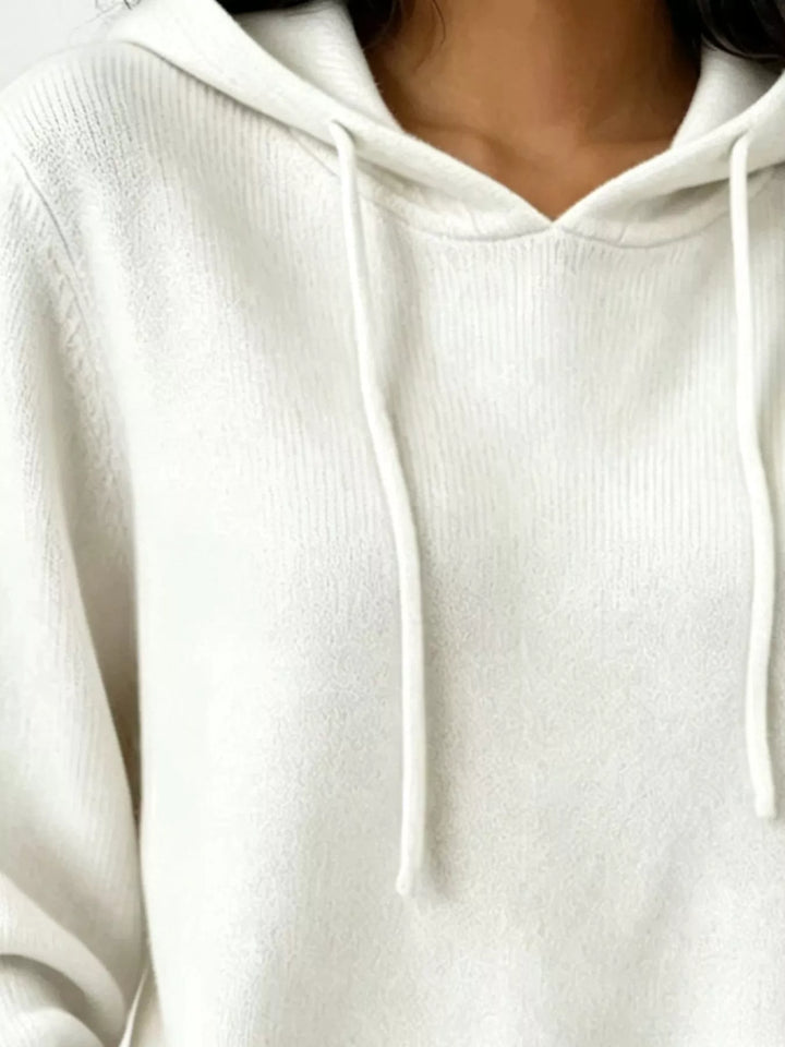 Drawstring hooded knit pullover sweater with ribbed trim