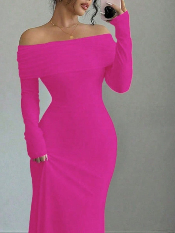 Ruched off-shoulder long sleeve bodycon maxi dress