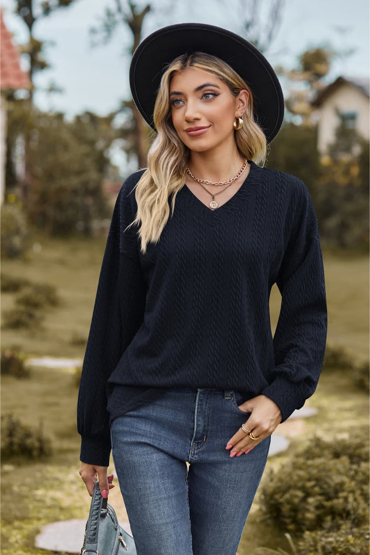 Dark Blue Textured knit V-neck top with dropped shoulders