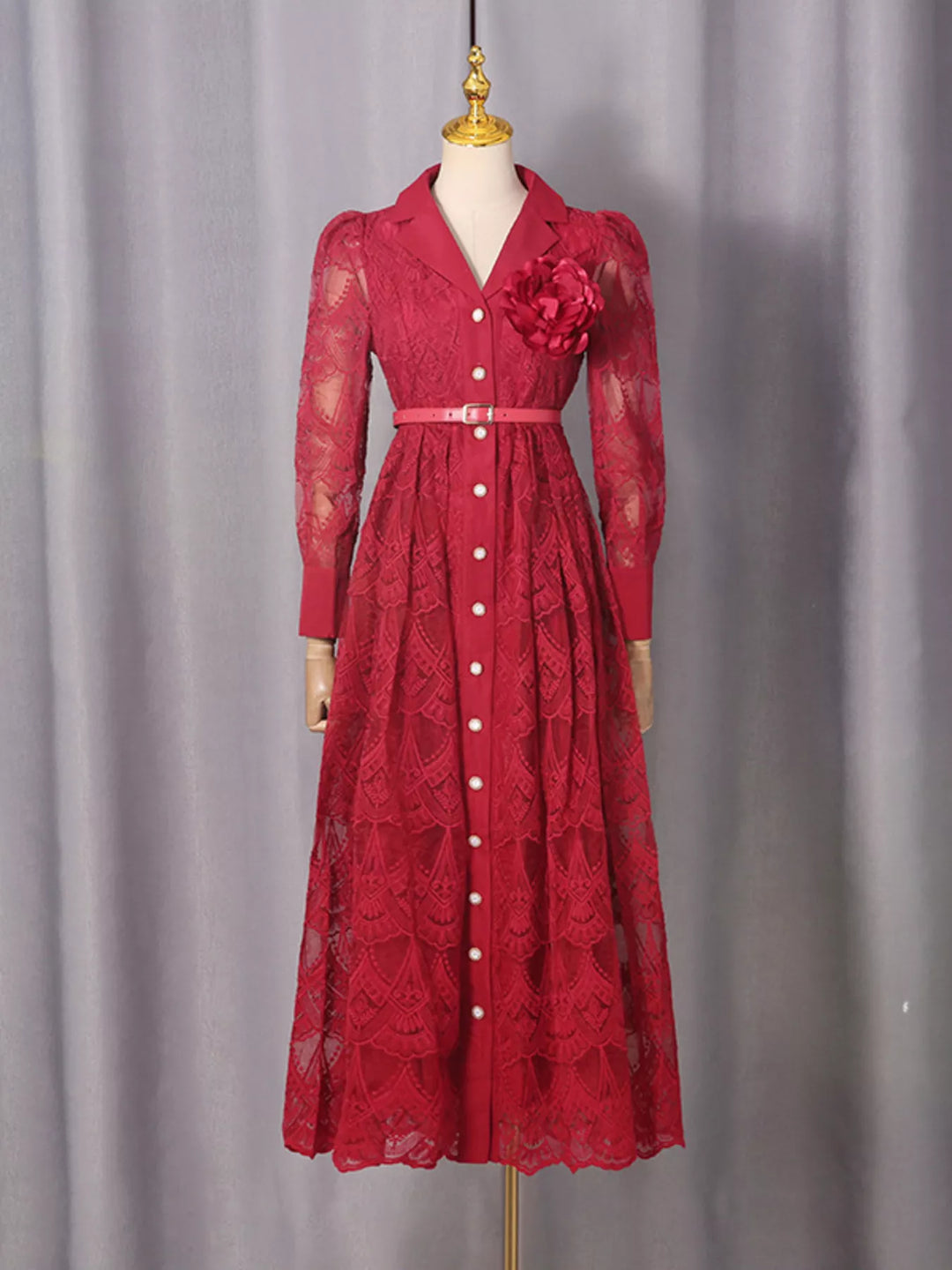 Belted lace button-front midi dress with notched collar