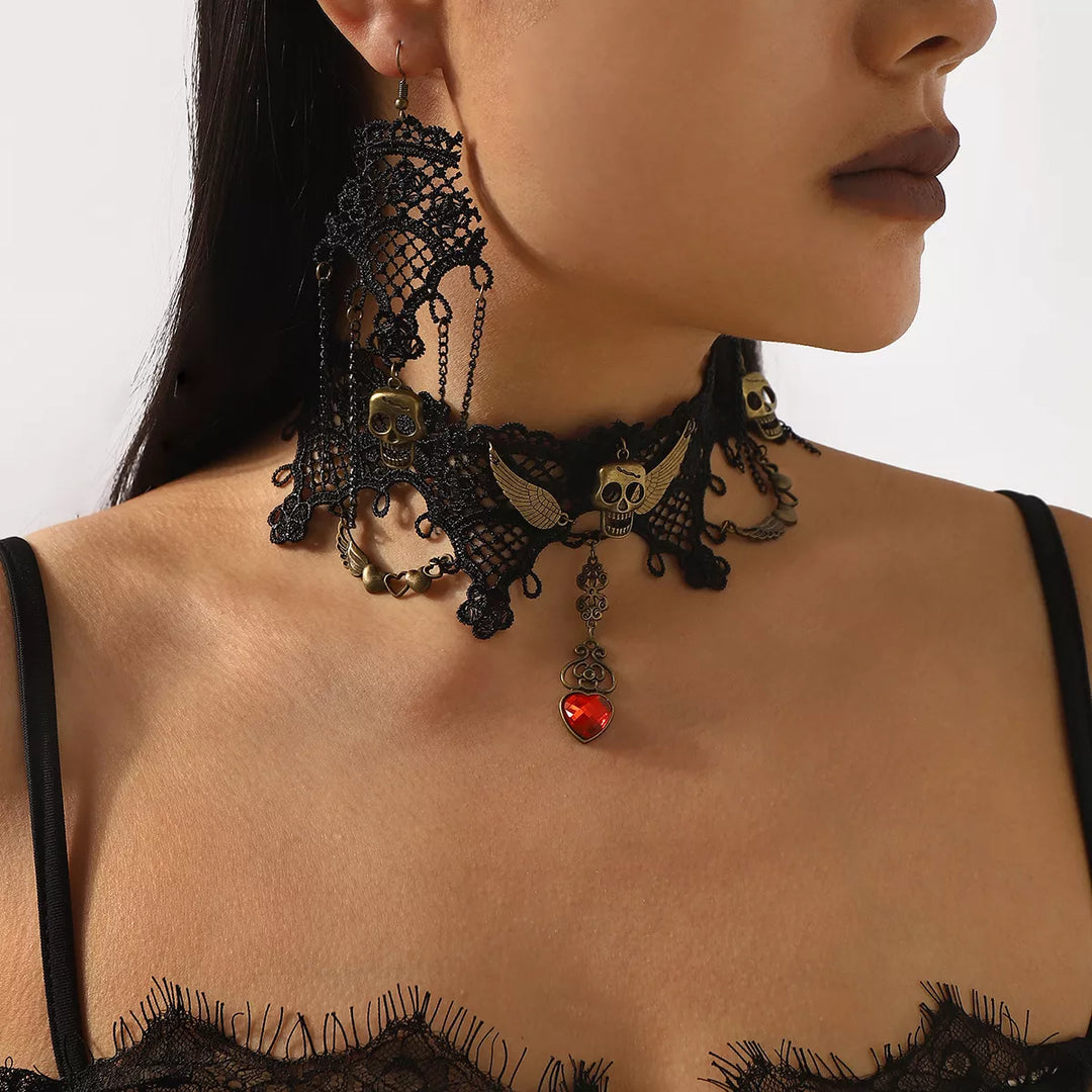 Lace skull choker necklace and drop earrings jewelry set