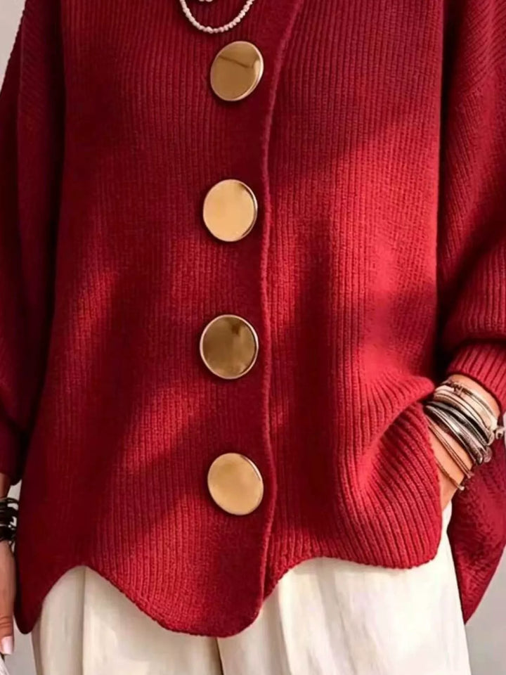 Oversized gold button ribbed knit collared cardigan