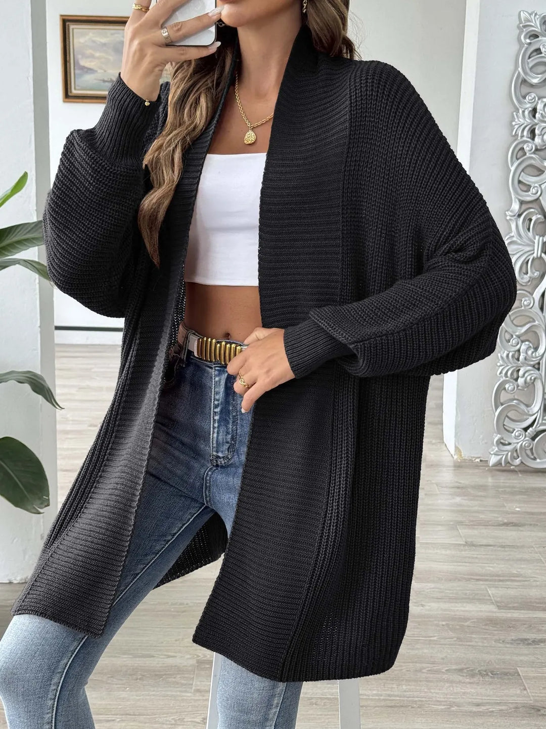 Black Waffle knit open front cardigan with dolman sleeves