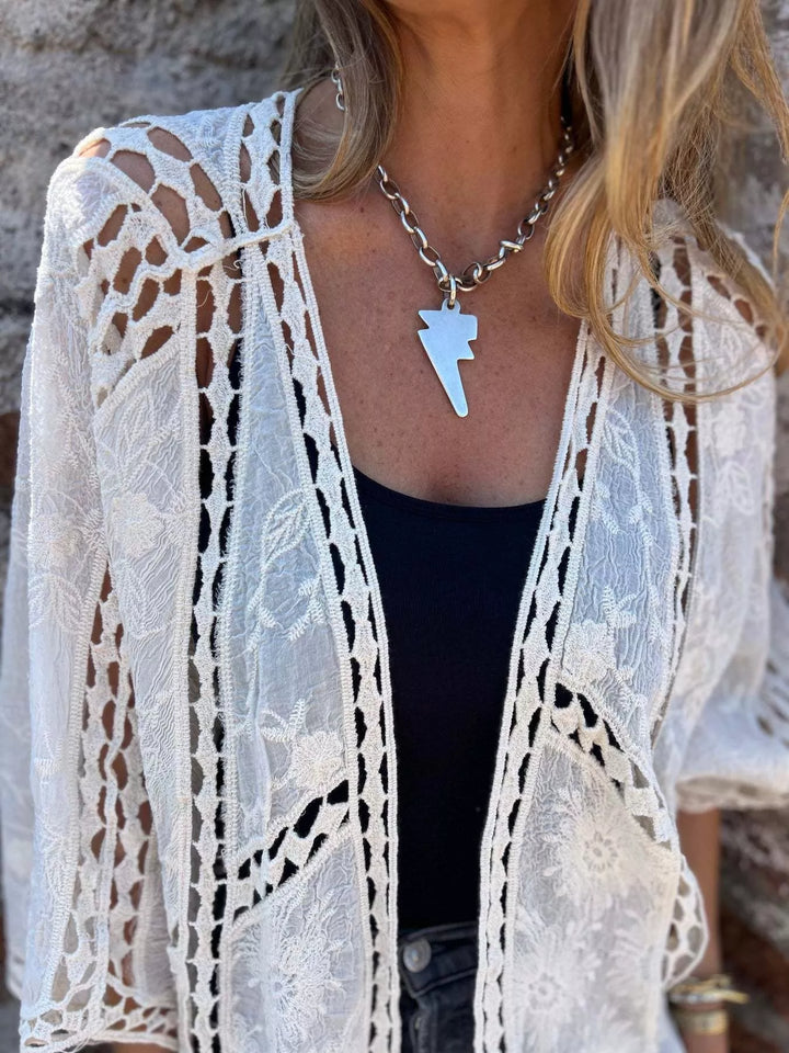 Embroidered floral lace open-front cardigan with crochet trim