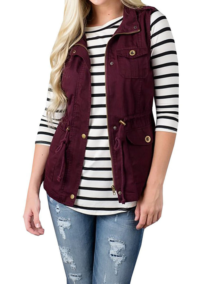Wine Drawstring waist utility vest with snap flap pockets