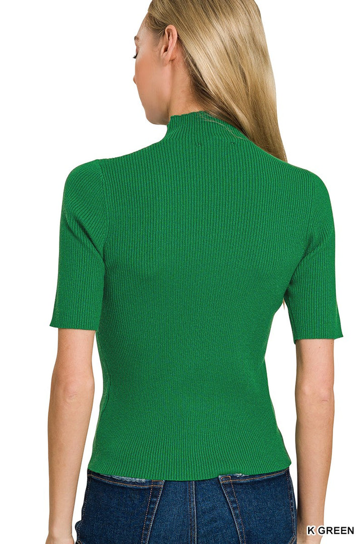 Fitted ribbed knit mock neck short sleeve top