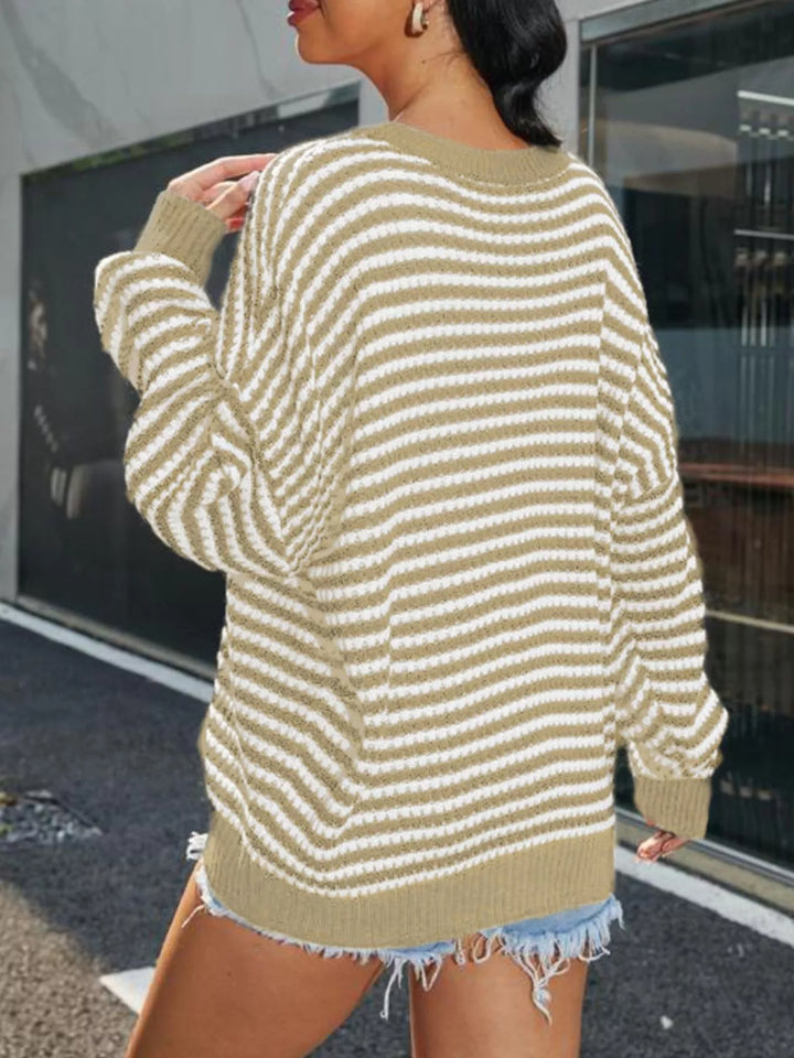 Striped drop-shoulder ribbed knit crew neck sweater